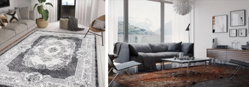 gray modern living room with persian rug